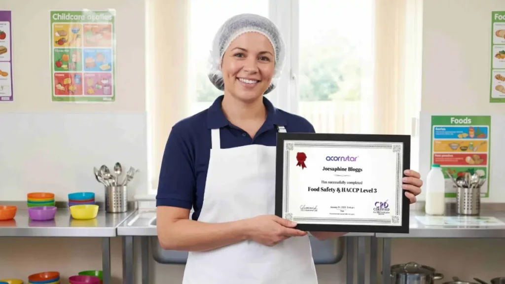Food worker holding Food Safety and HACCP Level 3 certificate in commercial kitchen setting.