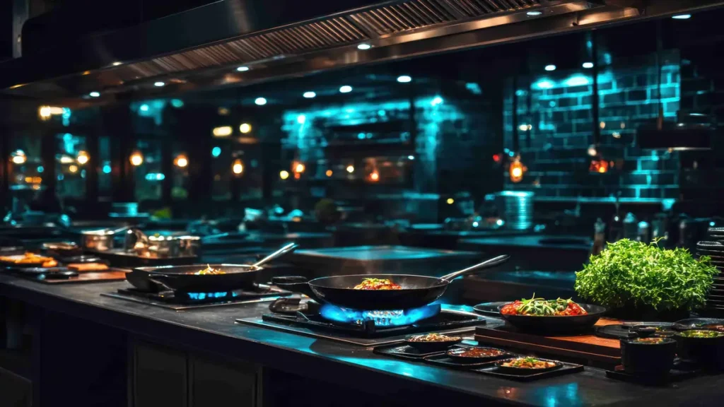 Modern commercial kitchen with chefs cooking on gas hobs, representing HACCP food safety compliance in Ireland.