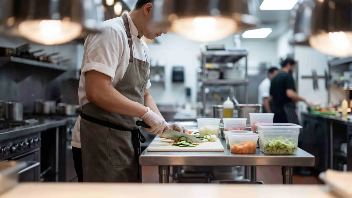 Horizontal blog images - 2026-02-13T120602.181 Chef bending forward to lift a food container from a low shelf in a commercial kitchen