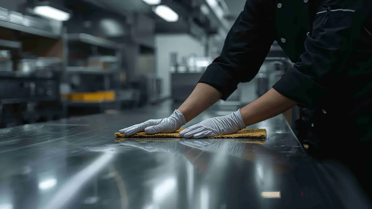 Food handler sanitising stainless steel surface in commercial kitchen following HACCP procedures in Ireland