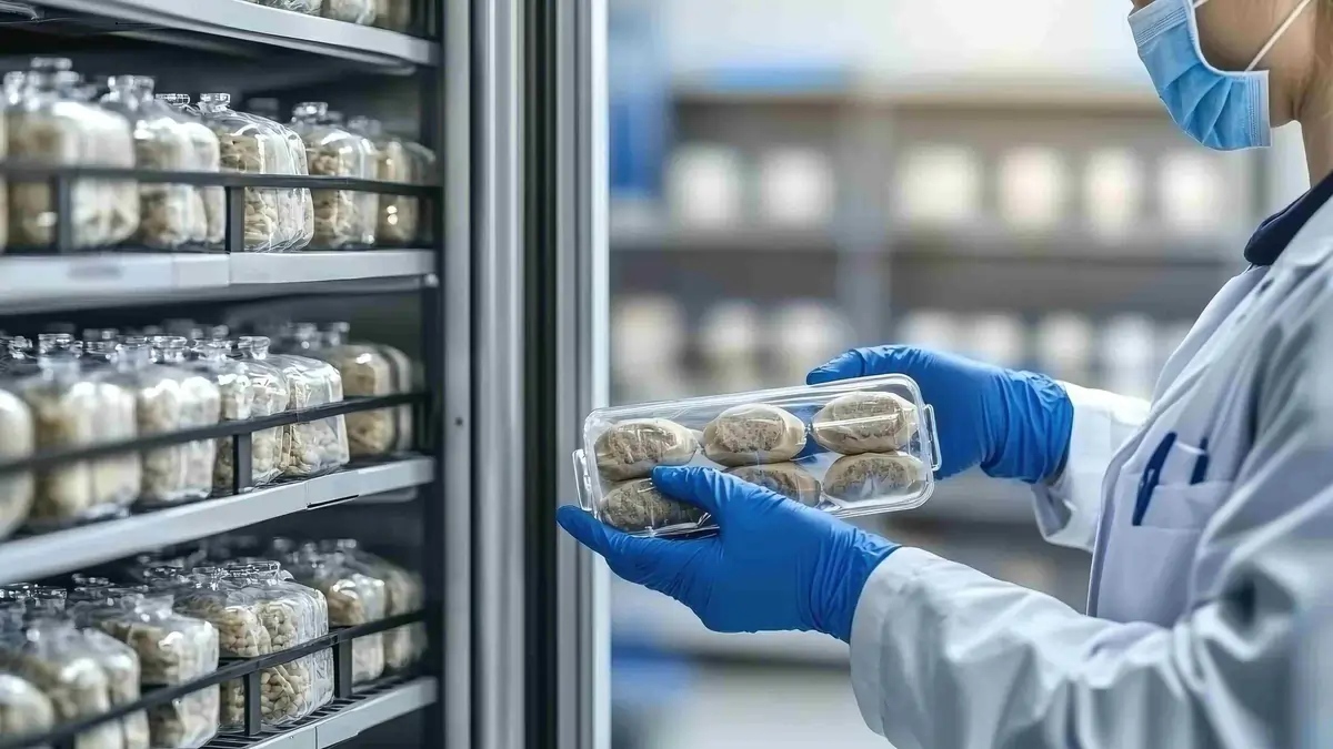 Horizontal blog images (49) Chef bending forward to lift a food container from a low shelf in a commercial kitchen