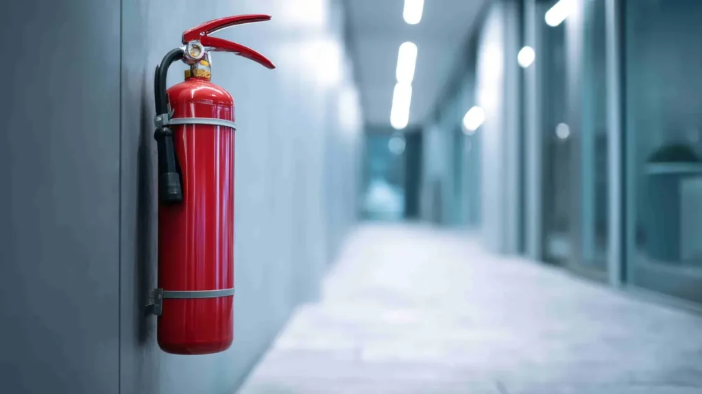 Wall-mounted fire extinguisher in workplace corridor for fire safety compliance in Ireland