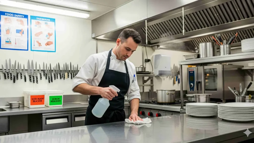 Chef cleaning stainless steel counter with disinfectant spray