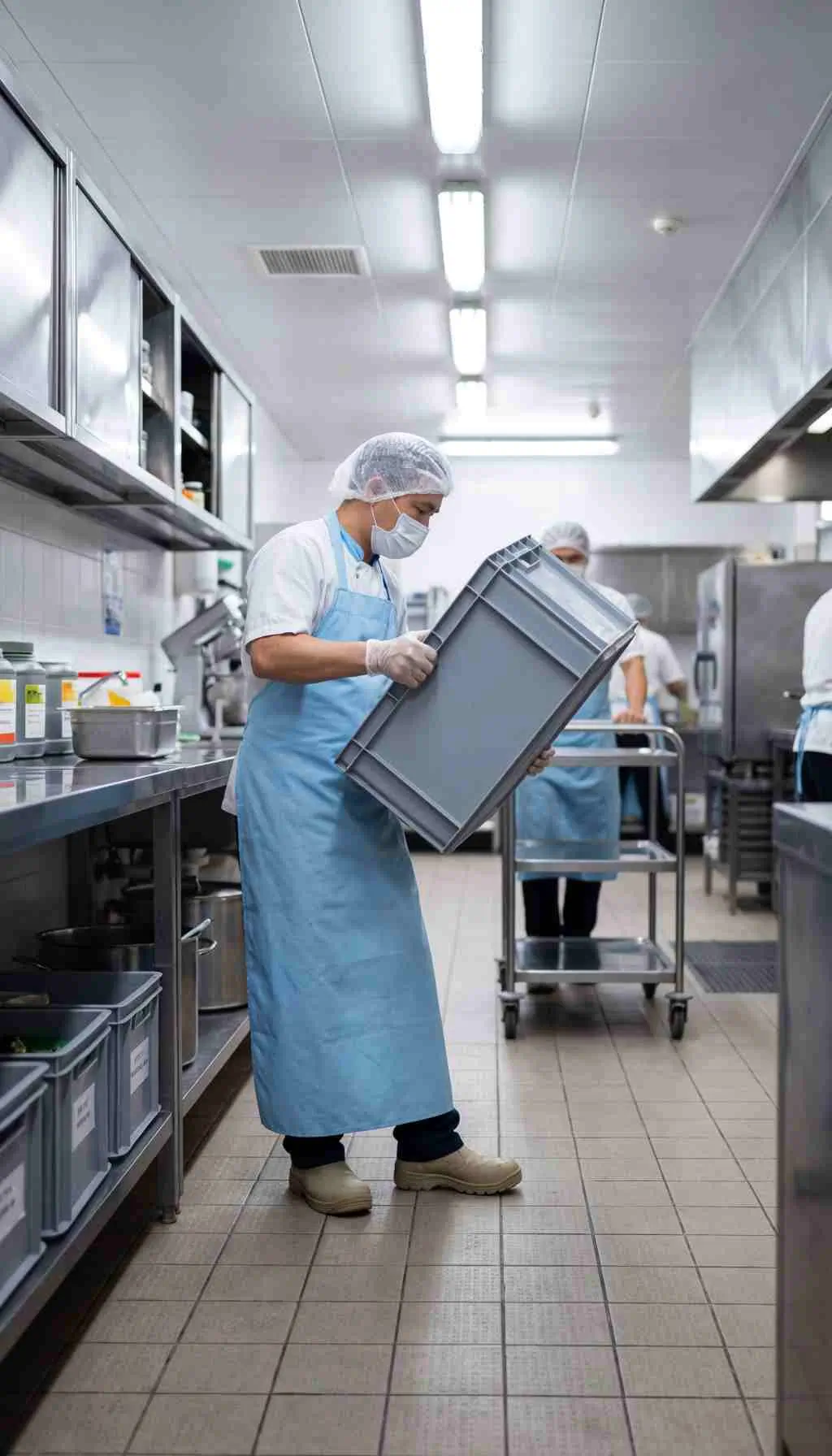 Food Production Worker Handling Storage Crate in Hygienic Processing Area Food production worker wearing PPE lifting a plastic storage crate in a commercial food processing kitchen