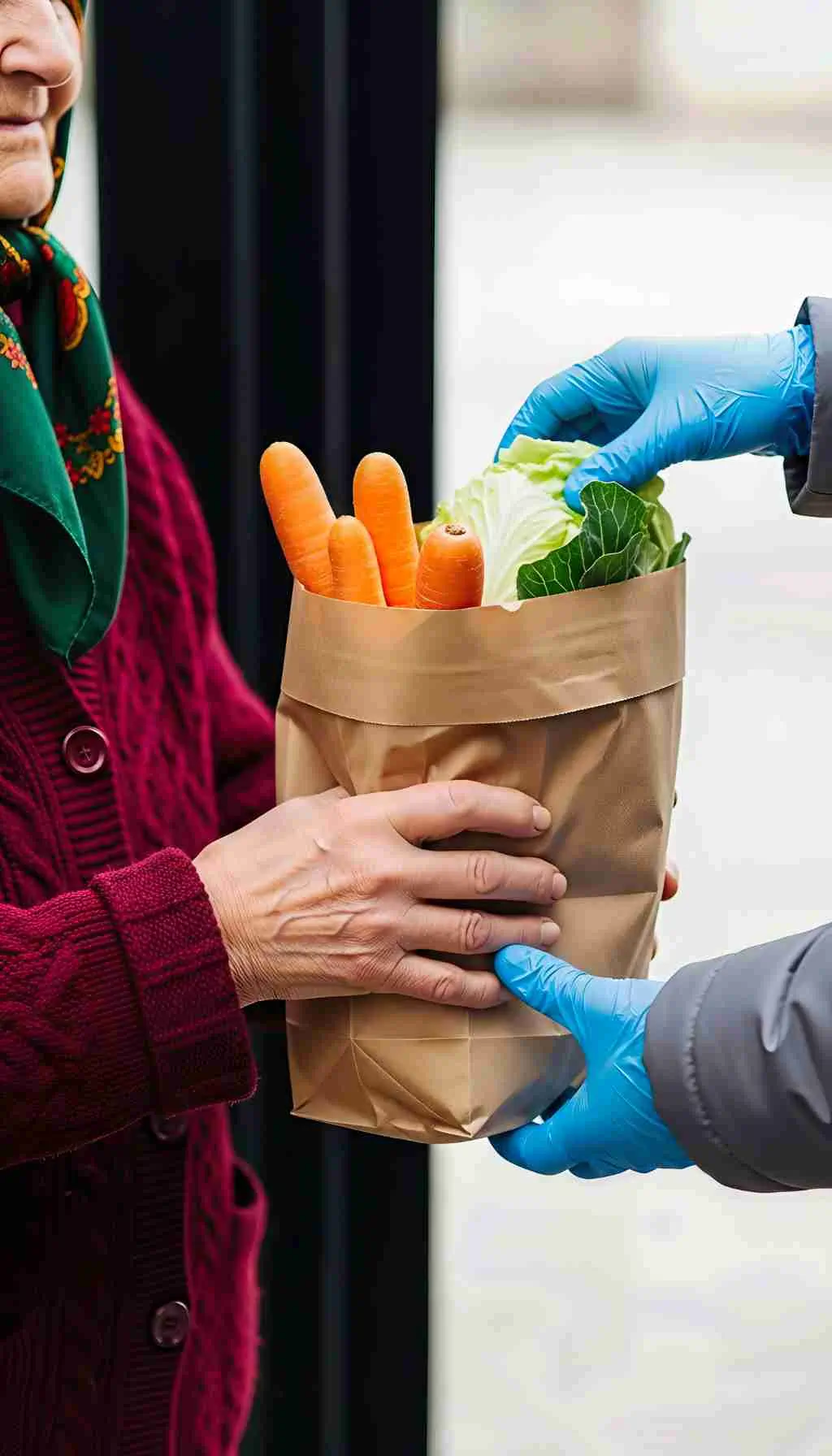 Community Food Redistribution – Safe Fresh Produce Delivery to Vulnerable Adult Gloved worker handing a bag of fresh vegetables to an older woman at her door