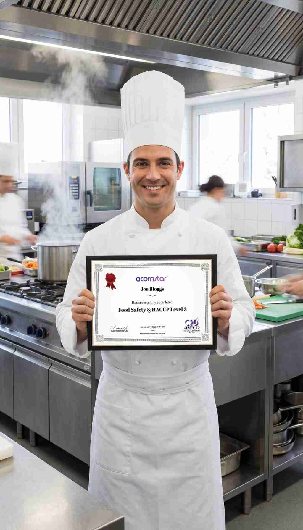 Head chef in a professional kitchen holding a Food Safety and HACCP Level 3 certificate