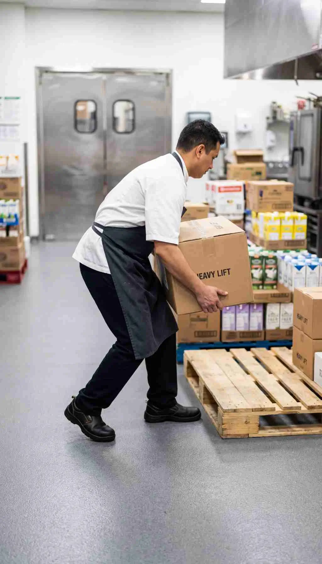 Safe Manual Handling in Food Manufacturing and Storage Areas Food industry worker lifting a heavy box safely in a food storage area following manual handling and hygiene procedures