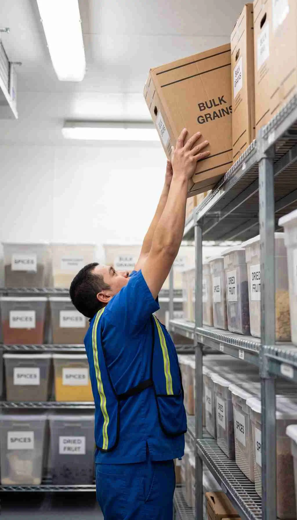 Unsafe Manual Handling of Bulk Grains on High Storage Shelves Food warehouse worker lifting a bulk grains box onto a high shelf in dry goods storage