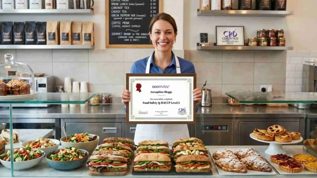 Smiling café owner holding food safety HACCP certificate behind counter with sandwiches and pastries