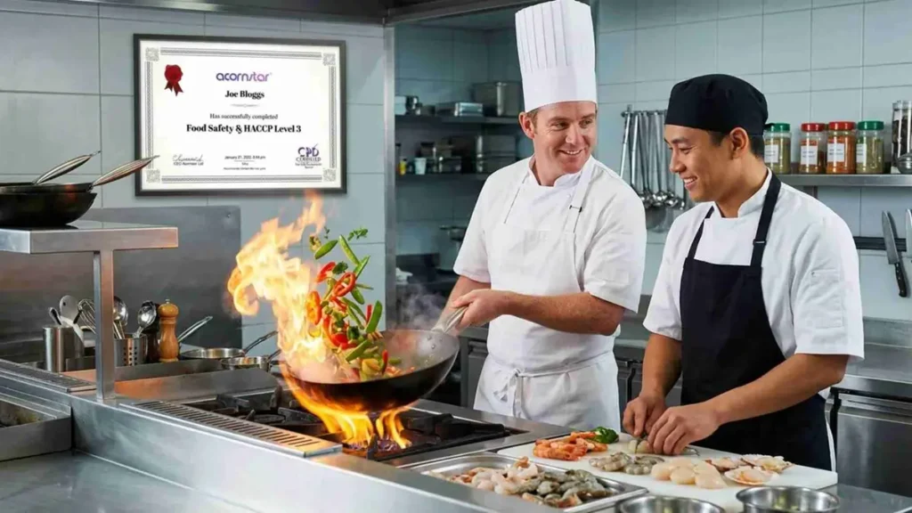 Chefs preparing food in commercial kitchen with HACCP food safety certificate on wall