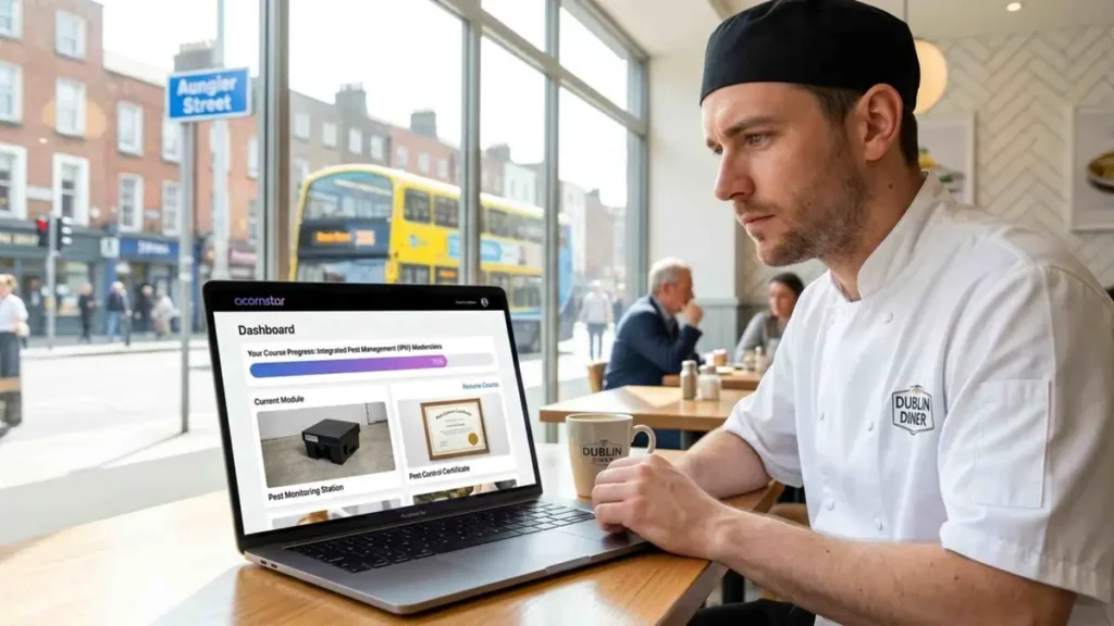 chef completing online HACCP food safety training on laptop in café Ireland