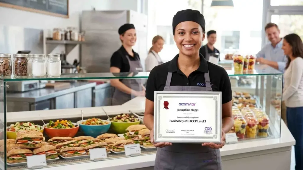 chef completing online HACCP food safety training on laptop in café Ireland