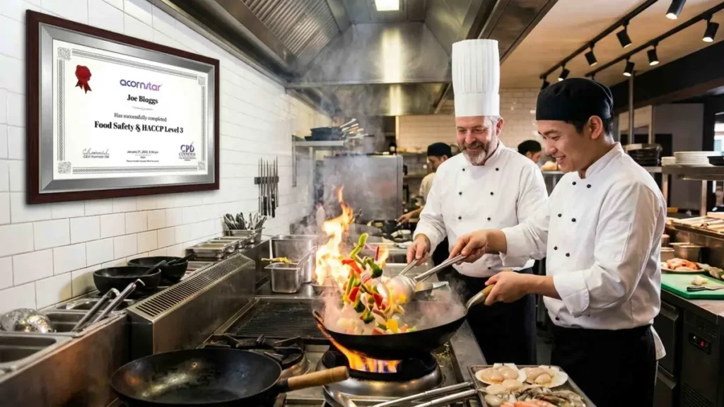 chefs cooking in commercial kitchen with HACCP Level 3 food safety certificate on wall Ireland