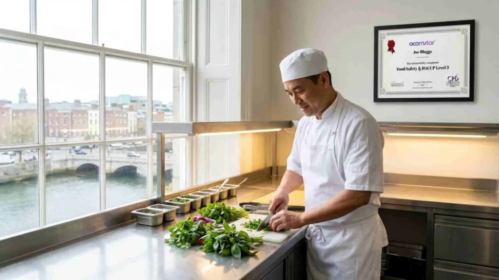 chef preparing fresh ingredients in kitchen with HACCP Level 3 food safety certificate displayed Ireland
