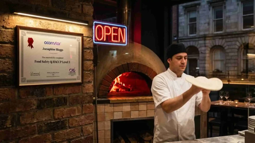 Pizza Chef Preparing Dough in Restaurant with HACCP Food Safety Certification