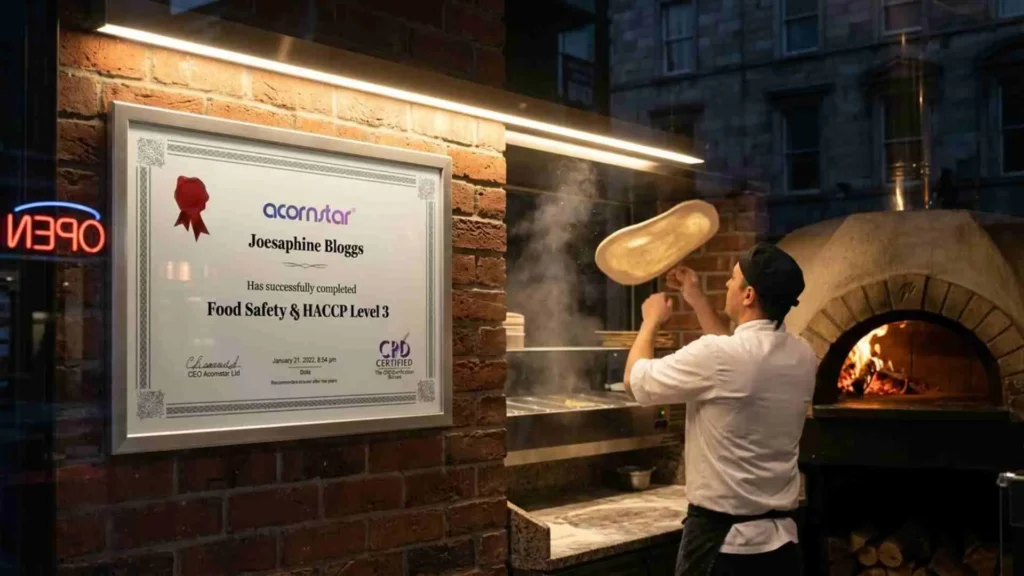 pizza chef tossing dough in restaurant kitchen with HACCP Level 3 certificate displayed Ireland