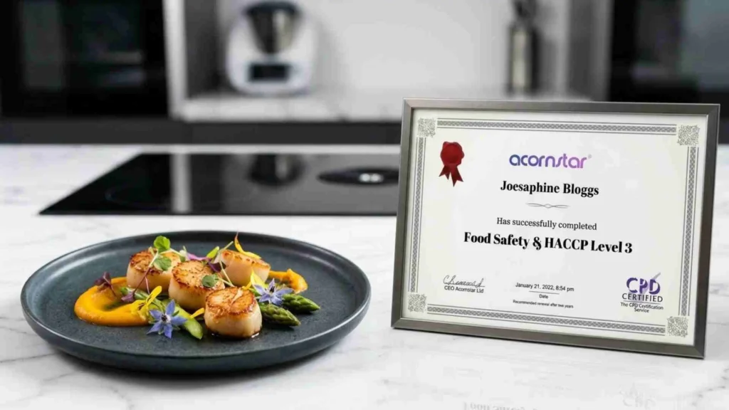HACCP Level 3 food safety certificate displayed beside plated gourmet dish in modern kitchen Ireland