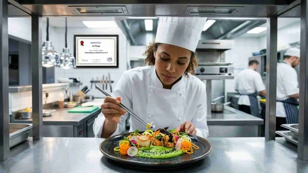 chef plating gourmet dish in commercial kitchen with HACCP Level 3 certificate displayed Ireland