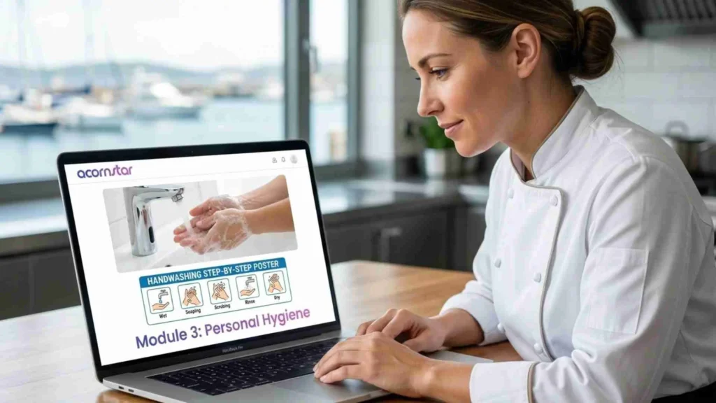 chef completing online HACCP personal hygiene training on laptop Ireland