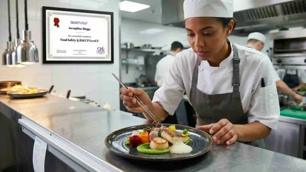 chef plating gourmet dish in commercial kitchen with HACCP Level 3 certificate displayed Ireland