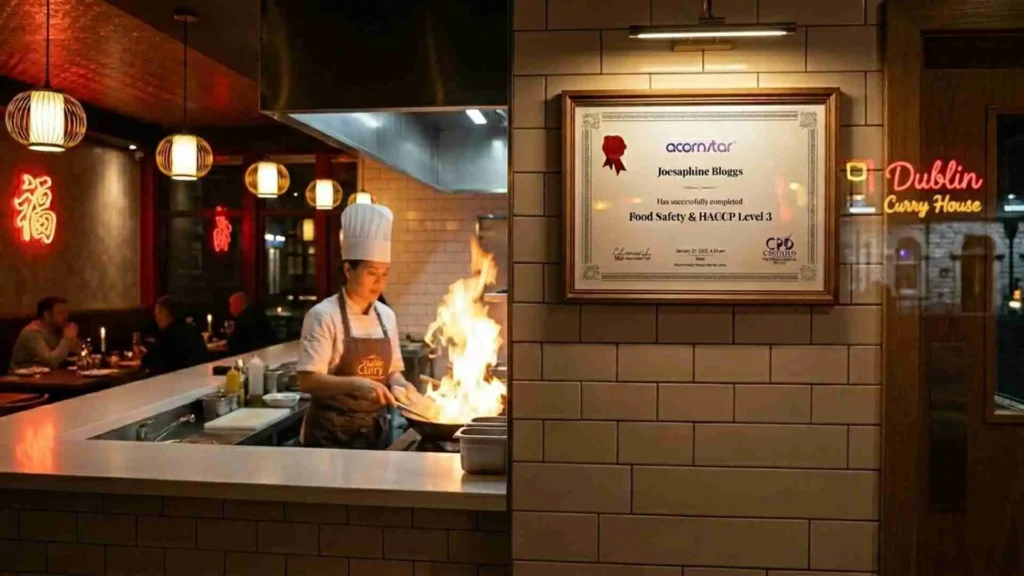 Female chef cooking over open flame in restaurant kitchen with HACCP food safety certificate on wall