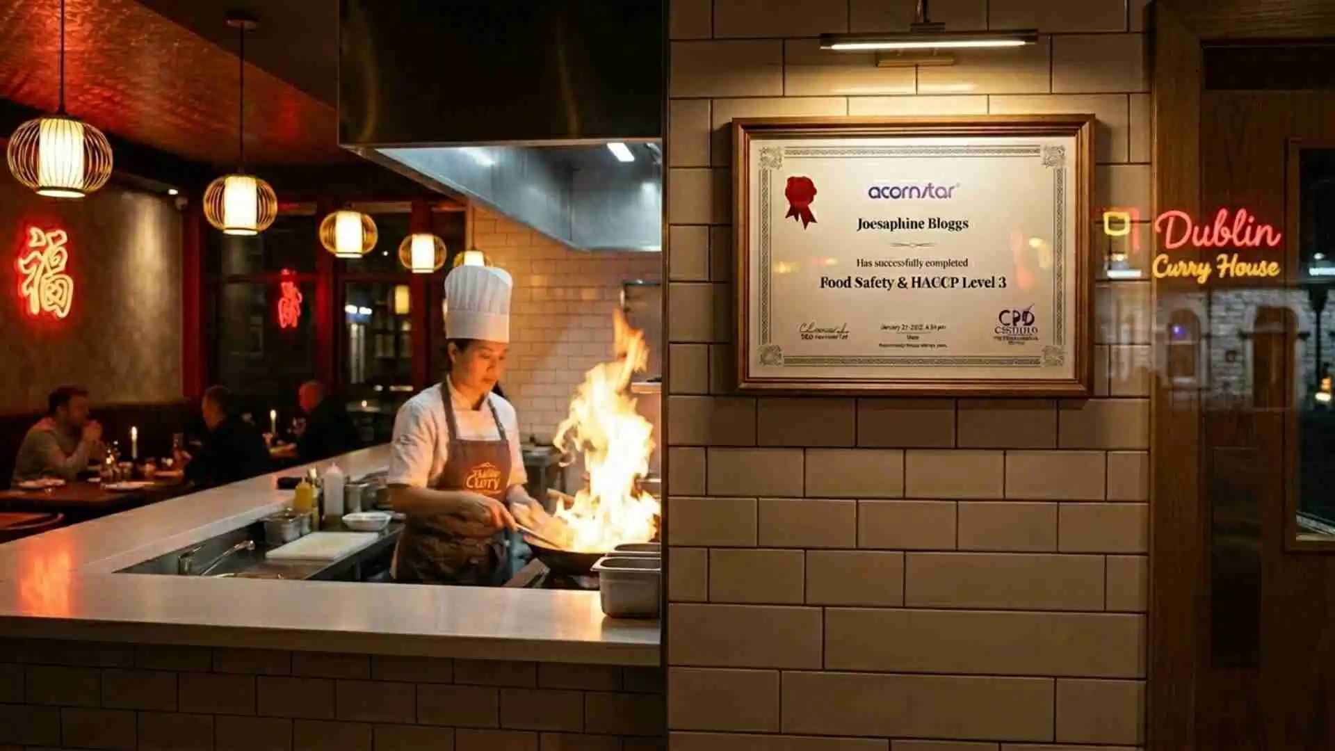 Female chef cooking over open flame in restaurant kitchen with HACCP food safety certificate on wall