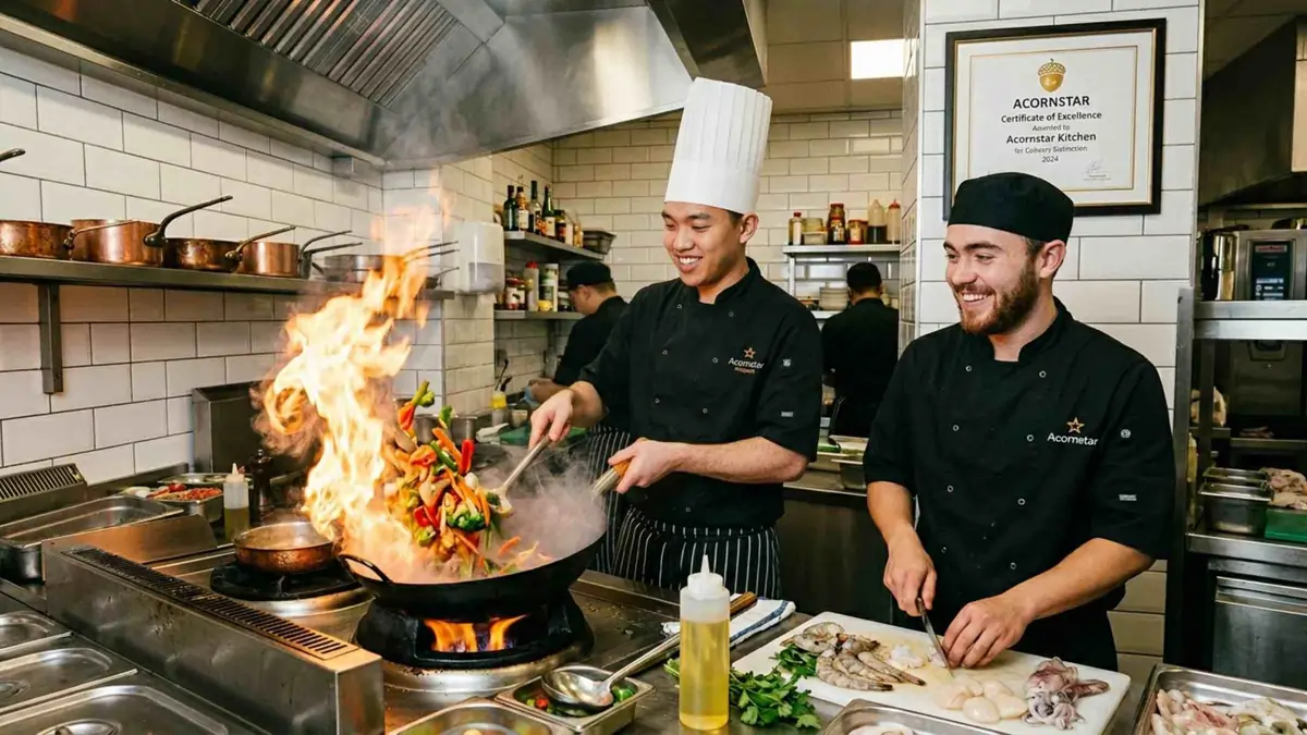 Chefs cooking with open flame in busy commercial kitchen with food safety certificate on wall