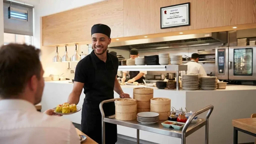 restaurant staff serving food in commercial kitchen with HACCP Level 3 certificate displayed Ireland