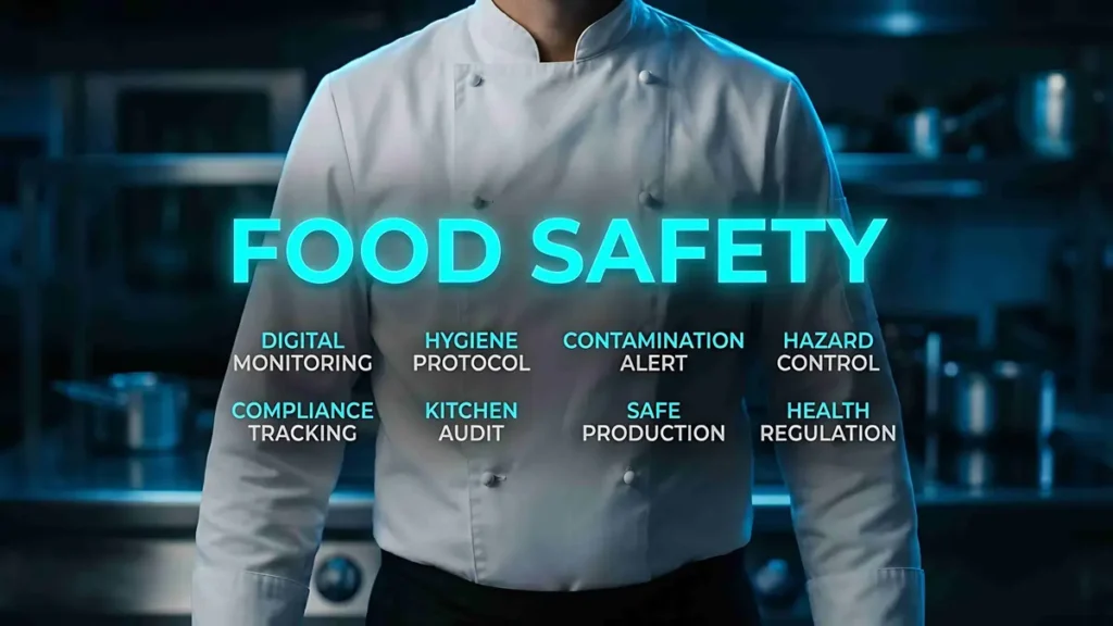 Chef in professional kitchen with food safety compliance and hygiene concepts displayed