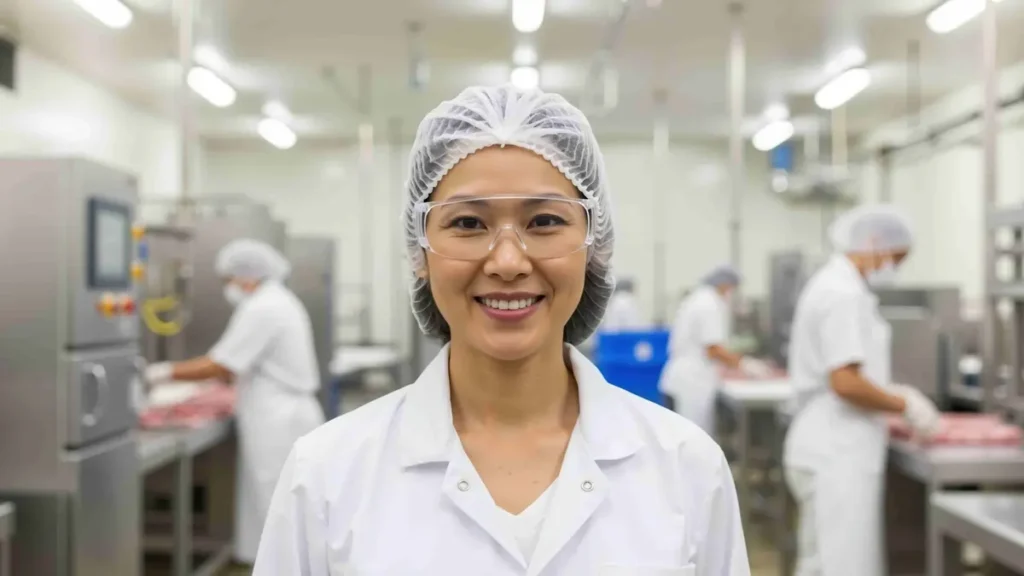 Food safety supervisor wearing hairnet and safety glasses in food processing plant