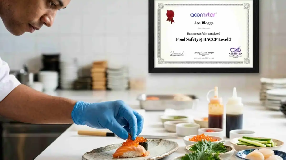 Chef placing salmon sushi with gloves in clean kitchen with HACCP certificate on wall