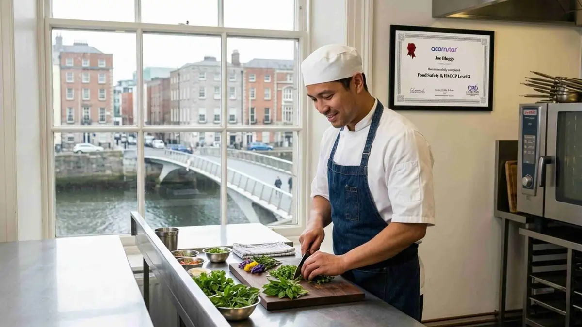 Chef Preparing Fresh Ingredients with HACCP Food Safety Certification in Kitchen Chef chopping herbs in kitchen with HACCP food safety certificate displayed on wall