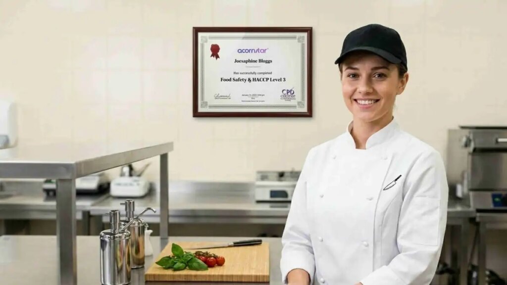 Smiling chef in commercial kitchen with HACCP food safety certificate displayed on wall