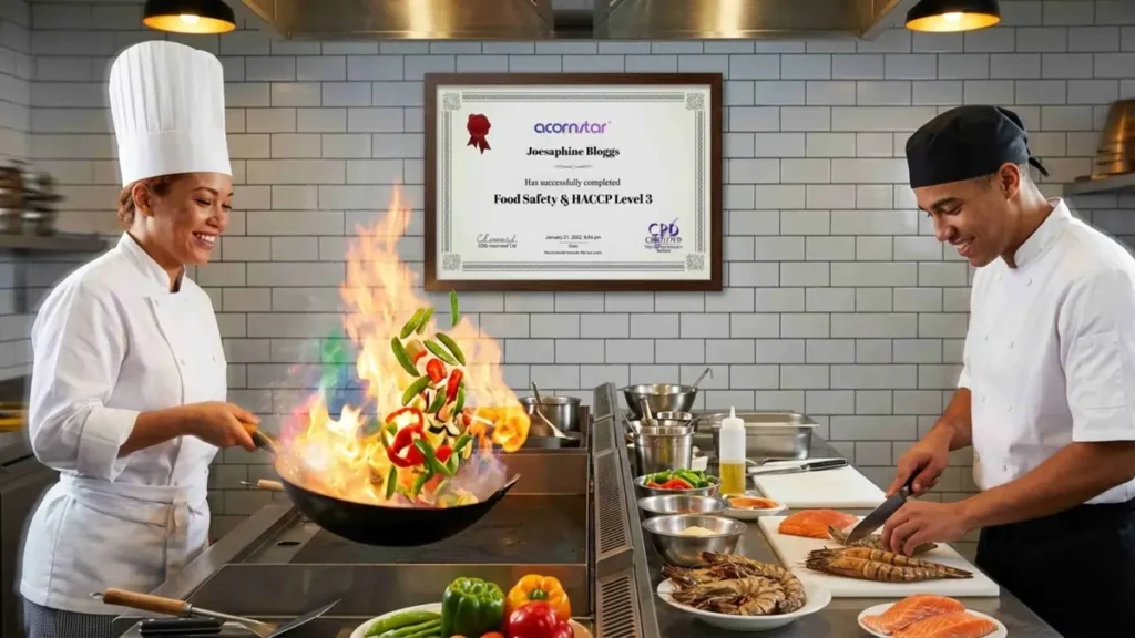 chefs preparing food in commercial kitchen with HACCP Level 3 food safety certificate displayed Ireland