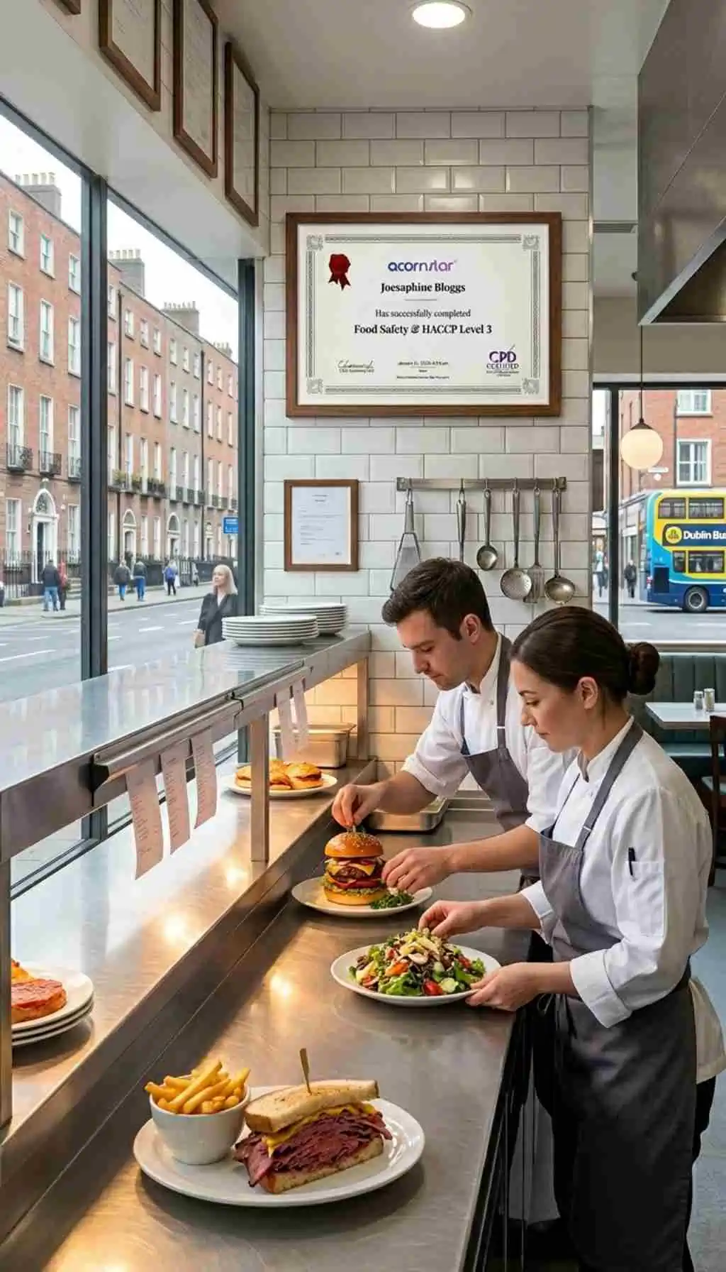 Raw beef burger patties moving along a production line in a food processing plant with workers following hygiene controls.