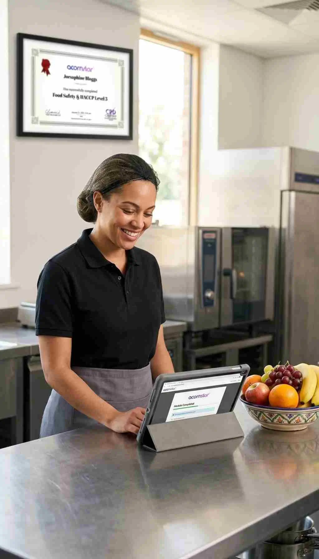 Kitchen worker using tablet for food safety training with HACCP certificate on wall in commercial kitchen