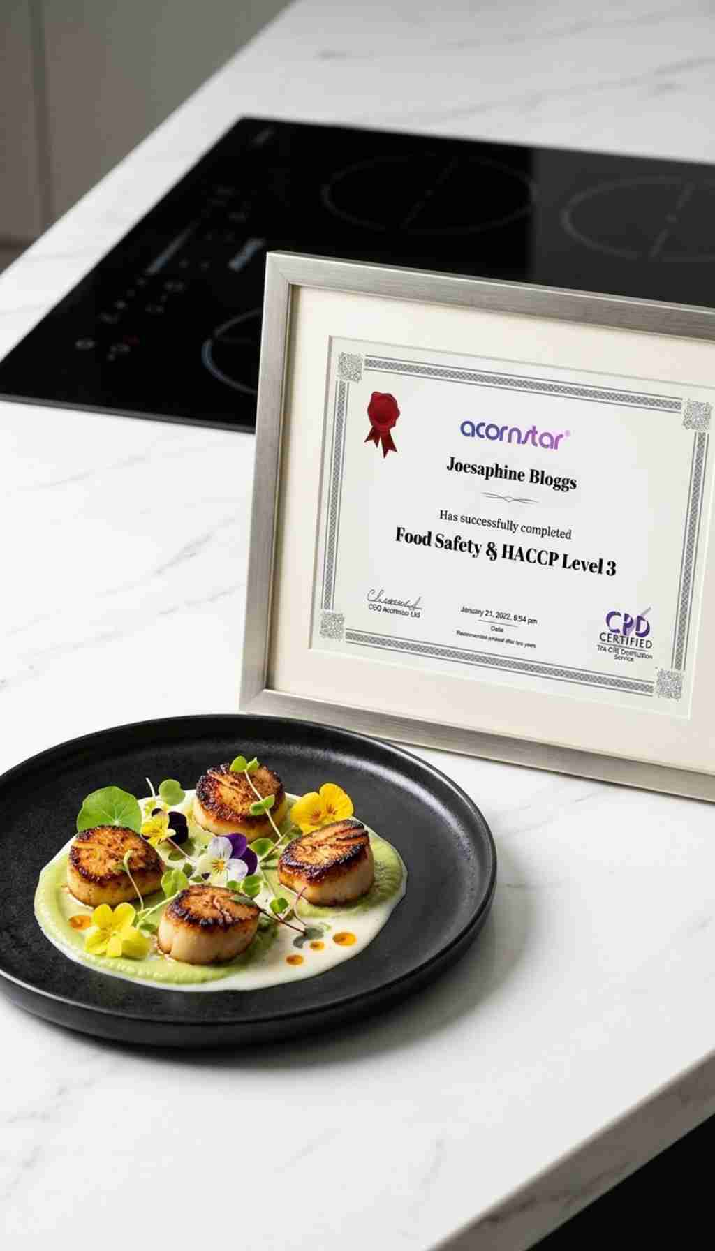 HACCP Level 3 certificate displayed in a professional kitchen with plated gourmet food Ireland