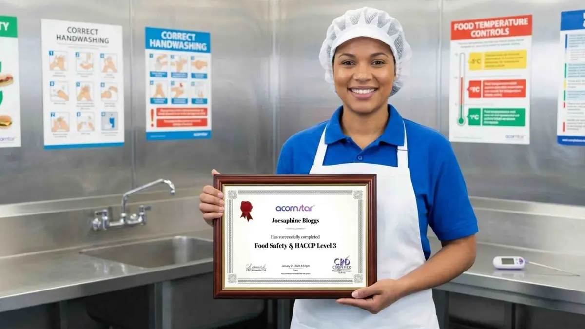 Chef placing salmon sushi with gloves in clean kitchen with HACCP certificate on wall