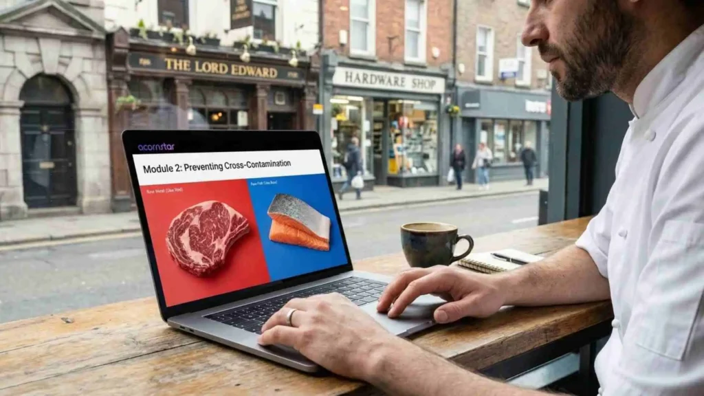 chef completing online HACCP training on cross contamination prevention on laptop Ireland