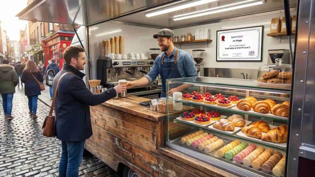 coffee vendor serving customer at street food stall with HACCP Level 3 certificate displayed Ireland