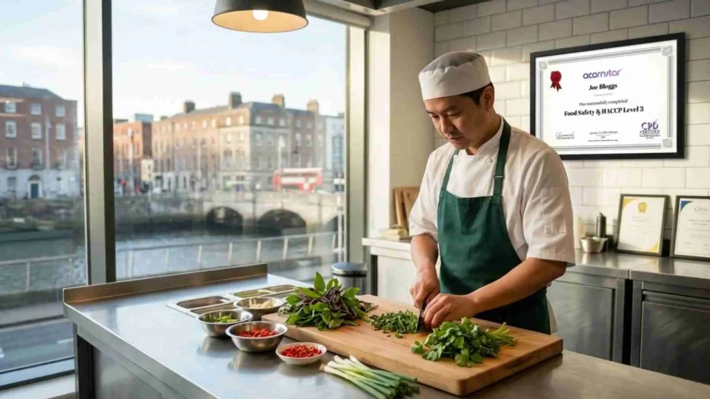 chef preparing fresh ingredients in commercial kitchen with HACCP Level 3 certificate displayed Ireland