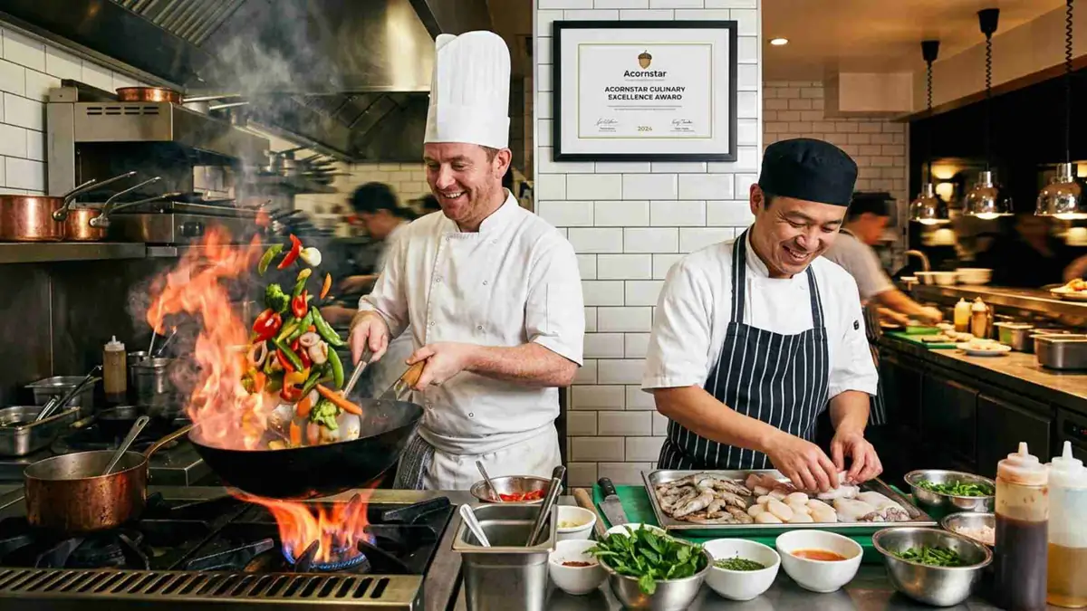 chefs cooking in commercial kitchen with HACCP food safety certification displayed Ireland