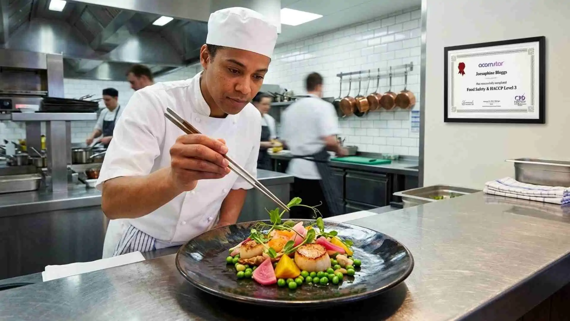 professional chef plating gourmet food in commercial kitchen with HACCP Level 3 certificate displayed