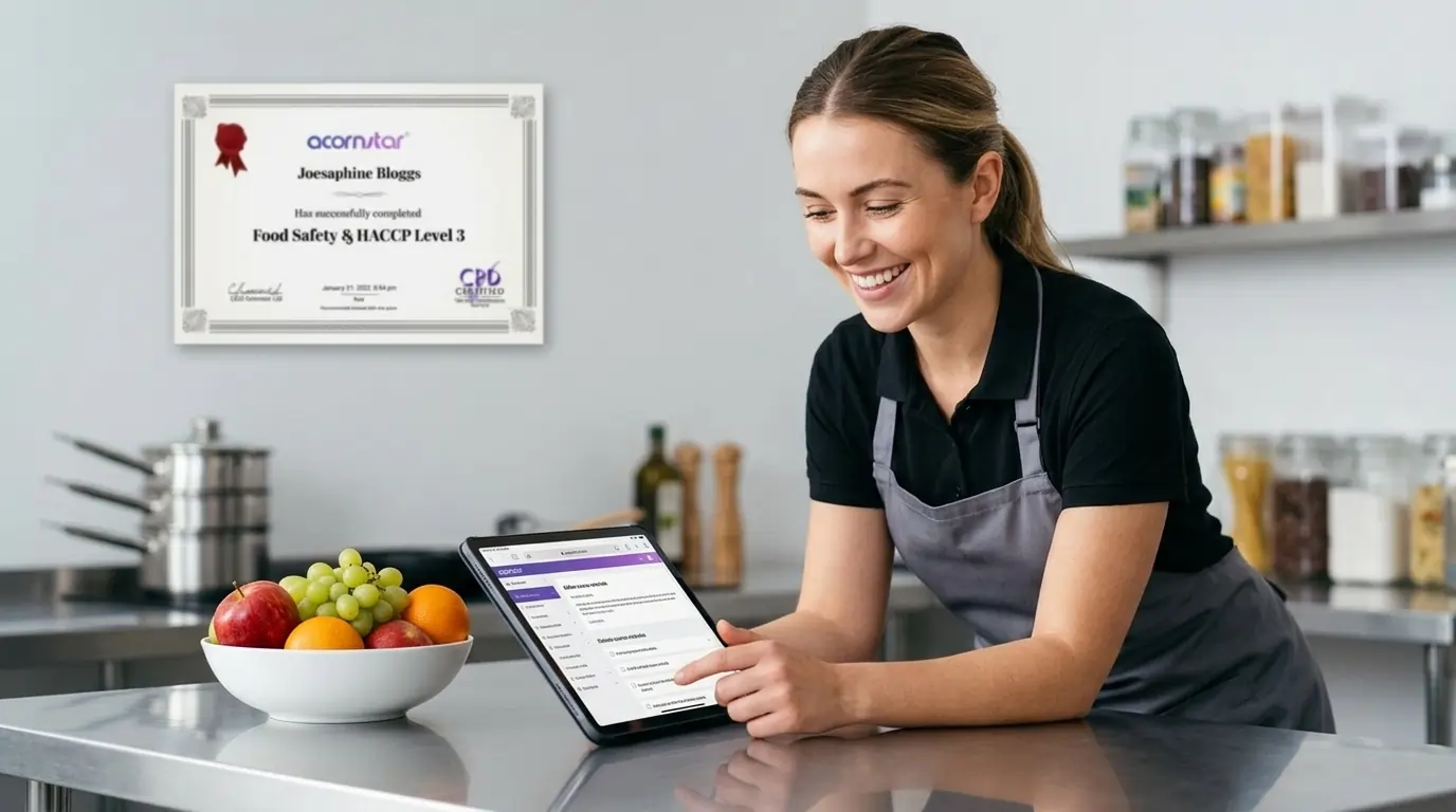 food handler completing online HACCP training on tablet with HACCP Level 3 certificate displayed Ireland