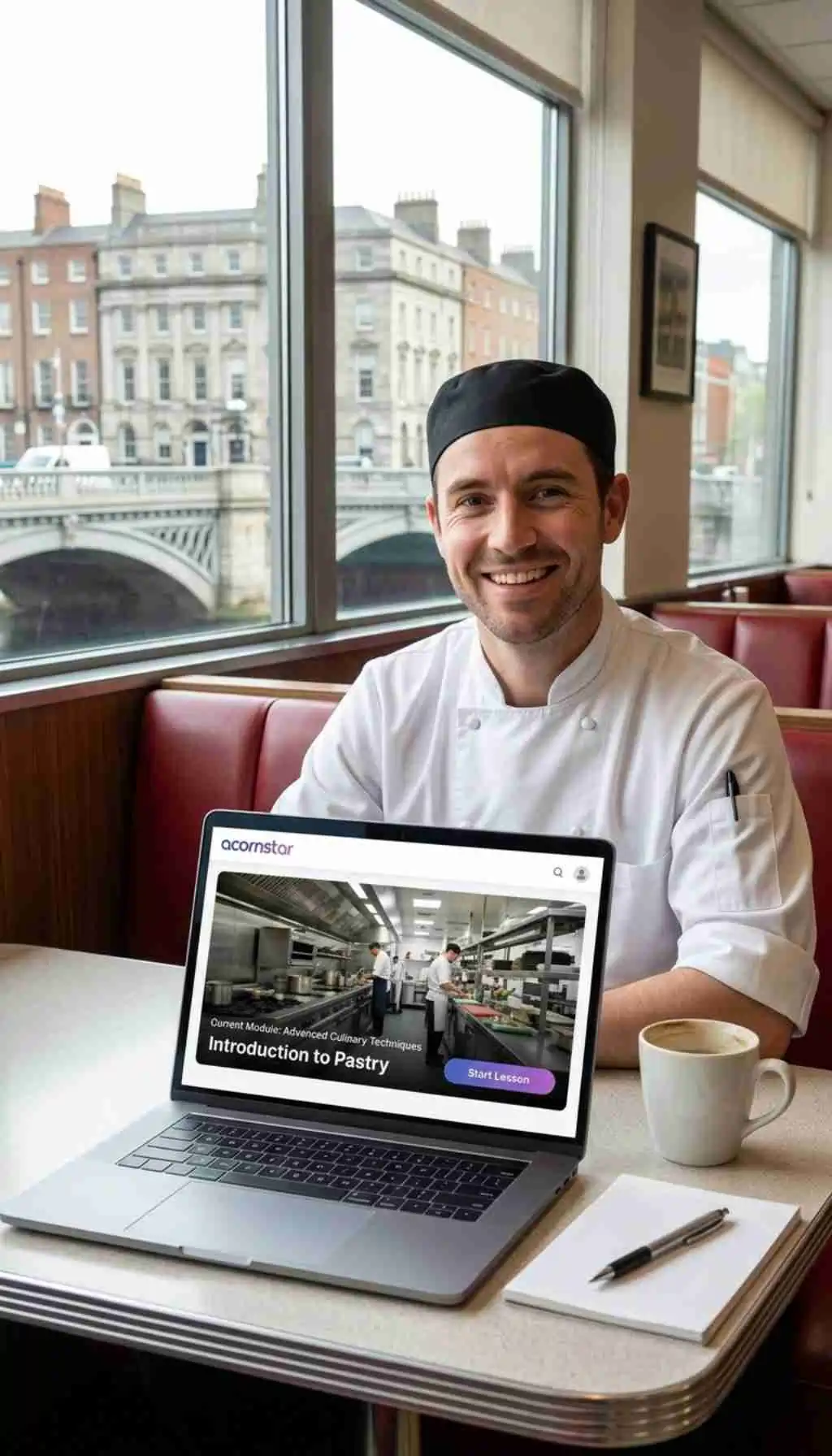 Irish chef in whites completing an online food safety training course on a laptop at a Dublin café overlooking the Liffey