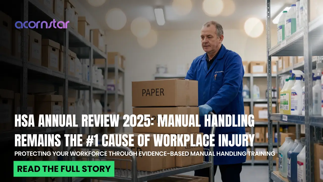 Worker in a blue coat pushing a trolley of stacked boxes through a stockroom, highlighting workplace manual handling risks