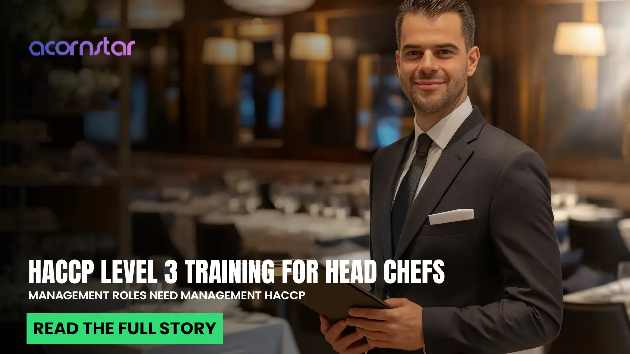Restaurant manager in a suit holding a tablet in an upscale dining room, representing HACCP Level 3 management training