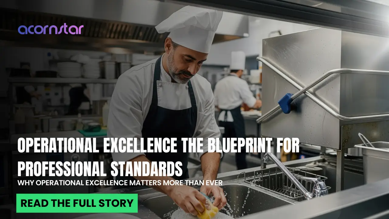 Chef washing up at a stainless steel sink in a busy commercial kitchen, demonstrating food hygiene and kitchen standards