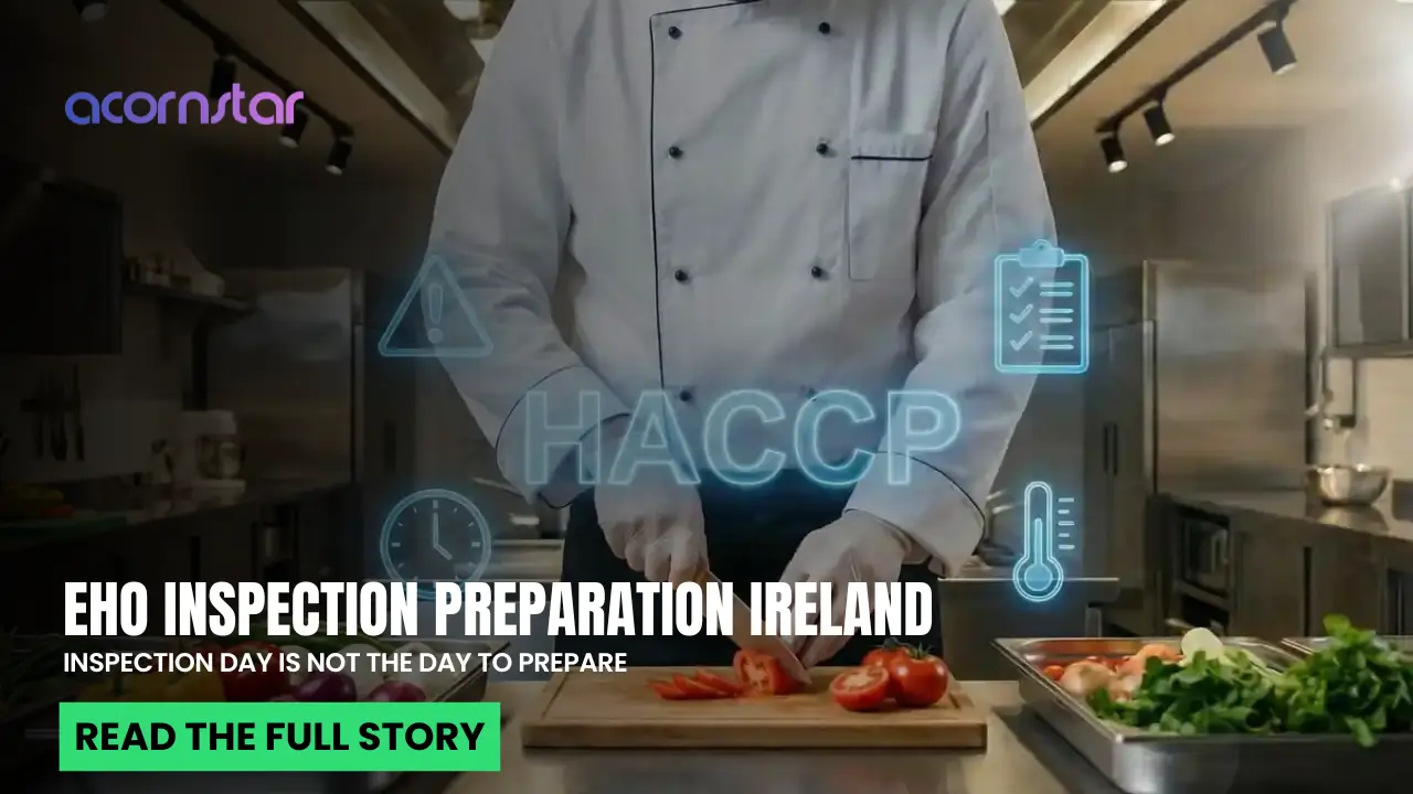 Chef slicing tomatoes in a commercial kitchen with HACCP icons overlaid, illustrating EHO inspection preparation in Ireland