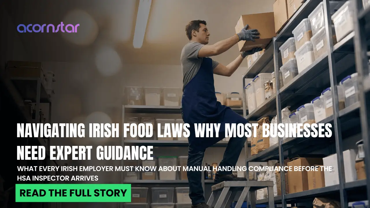 Warehouse worker lifting a box from a high shelf in an Irish food storage room, illustrating manual handling compliance